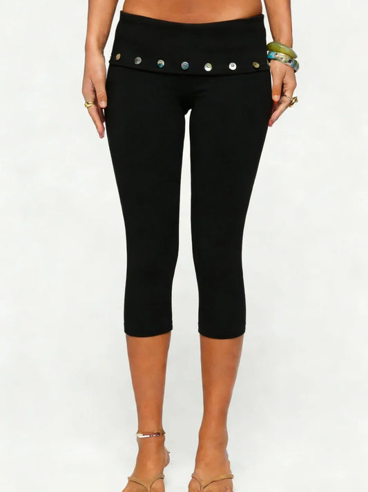 Fold Over Low Rise Button Decor Capri Pants