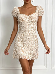 3D Flower Beaded Square Collar Short Sleeve Mini Dress