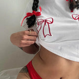 White Embroidered Red Bow Crop Top