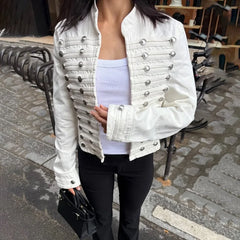 Denim Embroidered Button Jacket And Micro Shorts Set