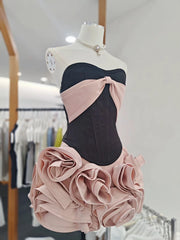 Black Satin Strapless Croset Top And 3d Frill Flower Mini Skirt Two-Piece Set