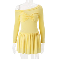 Yellow Hollow See-through Pleated Long Sleeve Mini Dress