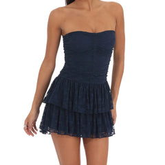 Lace Tube Ruffled A Line Mini Dress