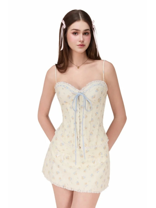 Spaghetti Strap Lace-up Crop Top And Mini Floral Bow Skirt Set