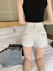 Bow Embroidery Denim Shorts