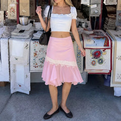 Pink Irregular Frill Hem Lace Trim Midi Skirt