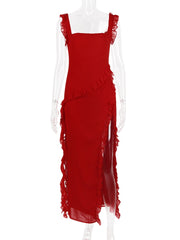 Red Ruffle Split Maxi Dress Free From Label