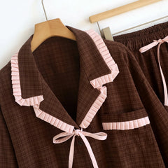 Contrast Seam Bow Long Sleeve Shirt And Wide Legs Pajama Set