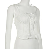 Lace Strap Folds Buttons White Square Collar Camisole Top