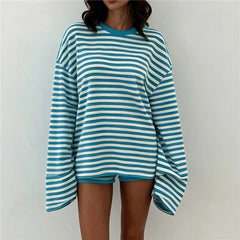 Striped Long Sleeve Cropped Top And Low Rise Shorts Loungewear Set