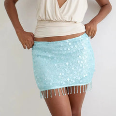 Sequin Beaded Tassel Hem Mini Skirt