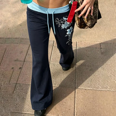 Blue Low Waist Floral Print Flare Leg Drawstring Sweatpants