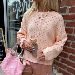 Eyelet Knit Pullover Button Long Sleeve Top