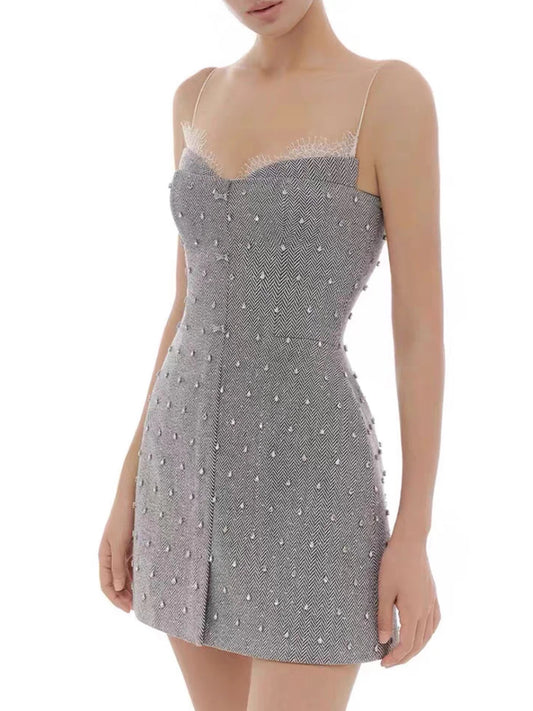Grey Stripe Sleeveless Rhinestone Mini Dress