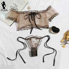 Brown Mesh Off-Shoulder Tie-Up Lingerie Set - Free From Label