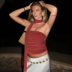 Polka Dot Print Mesh Tube Top with Scarf