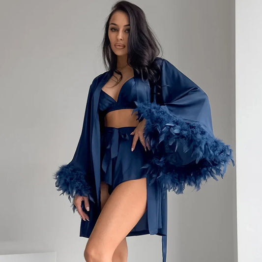 Satin Cami Top And Shorts With Fur Trim Rode Nightgown Three-piece Set