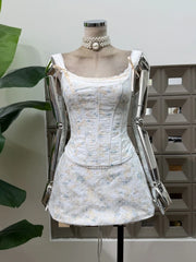 Printed Strap Lace-up Top And Mini Floral Bow Skirt Set
