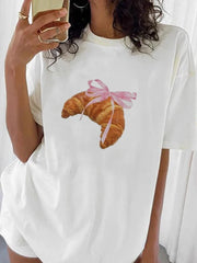 Coquette Croissant Baby Tee With Pink Ribbon Bow Print