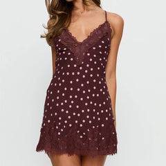 Brown Dotted Lace Trim Tie Up Mini Dress