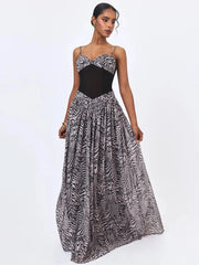Zebra Print Spaghetti Strap Mesh Corset Patchwork Maxi Dress