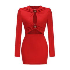 Red Metal Buckle Hollow Out Long Sleeved Mini Dress