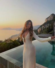 Knitted Long Sleeve Deep V-Neck Ring Detail Maxi Dress
