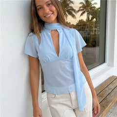 Mesh Short Flutter Sleeve Keyhole Neck Tie Scarf Collar Top