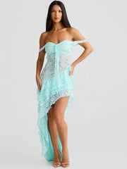 Lace Ruffle Irregular Open Back Midi Dress