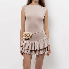 Solid O-Neck Layered Ruffled Hem Short Dress