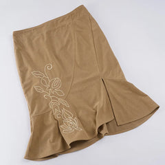 Embrodied Brown Pencil Midi Skirt