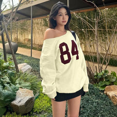 Number Printed One Shoulder Loose Sweatshirt