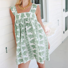 Printed Tie Bow Strap Babydoll Mini Dress