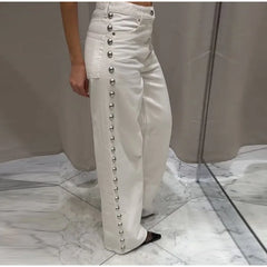 Side Studded Beading Straight Baggy High Waist Denim Pants