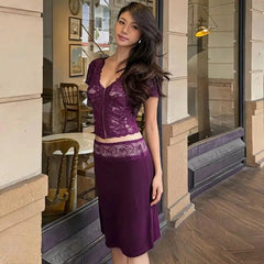 Purple Lace Sheer Short Sleeve Crop Top And Midi Skirt Set