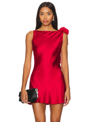 Satin Open Back Strap Flower Draped Mini Dress