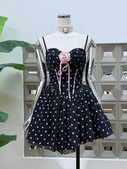 Polka Dot Corset Spaghetti Strap 3D Flower Flared Mini Dress