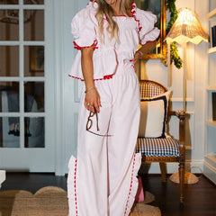 Christmas Plaid Puff Sleeve Ruffle Trim Pyjama Set