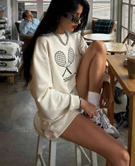 White Tennis Embroidery Sweatshirt And Shorts Set