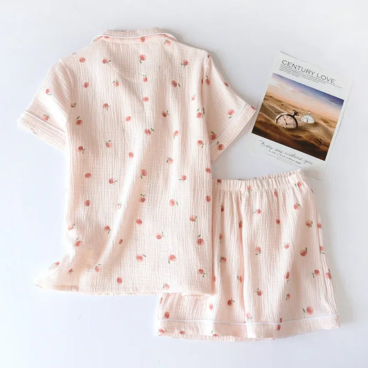 Cotton Peach Print Short-sleeved Shirt And Shorts Pajama Set