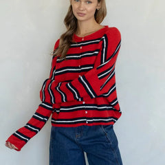 Striped Button Up Long Sleeve Crew Neck Sweater