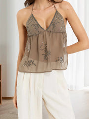 Brown Sequin Halter Tie-Up Top