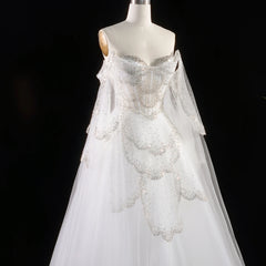 Off-Shoulder Tulle Sequin Flower Petal Embroidered Gown
