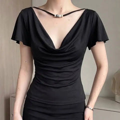 Black Draped Neckline T-Shirt