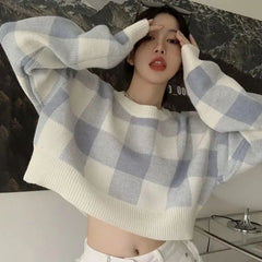 Plaid Loose O-Neck Short Sweater
