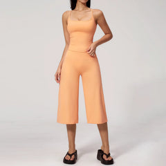 Solid Cami Removable Pads Top And Wide Leg Cropped Pants Set
