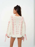 White Knit Pink Ribbon Lace Up Sweater - Free From Label