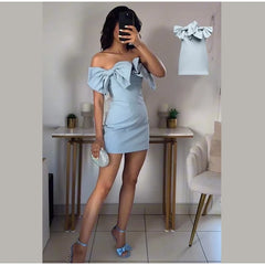 Blue 3d Bow Strapless Solid Mini Dress