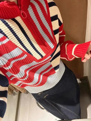 Striped Knit High Collar Half Zipper Pullover Sweatshirt