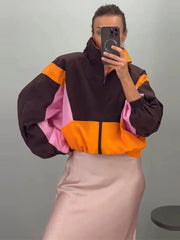 Color Block Collared Zip Up Jacket